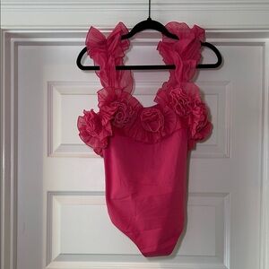 Free People Intimately Ruffle Sleeved Bodysuit size L, NWT, Raspberry Sorbt